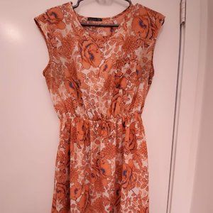 Orange Floral Elastic Waist Dress